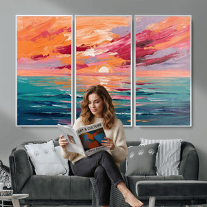 Bold Palette Knife Ocean Sunset Canvas — Orange Pink Teal