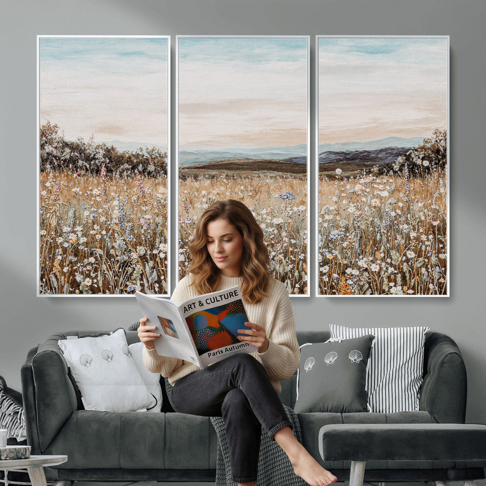 Neutral Wildflower Field Canvas Wall Art — Beige Earth Tone