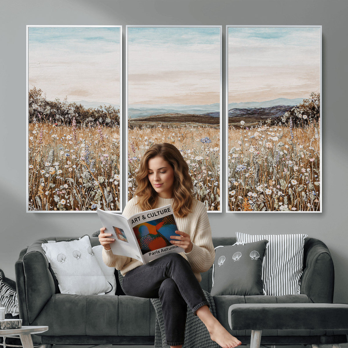 Neutral Wildflower Field Canvas Wall Art — Beige Earth Tone