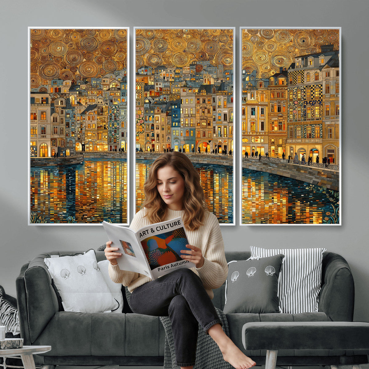 Gustav Klimt Golden Cityscape Wall Art Canvas Print, Framed