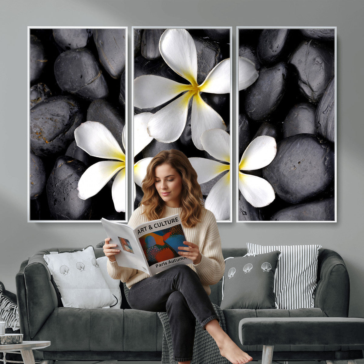 Plumeria Frangipani Black Stone Canvas | White Flower Spa