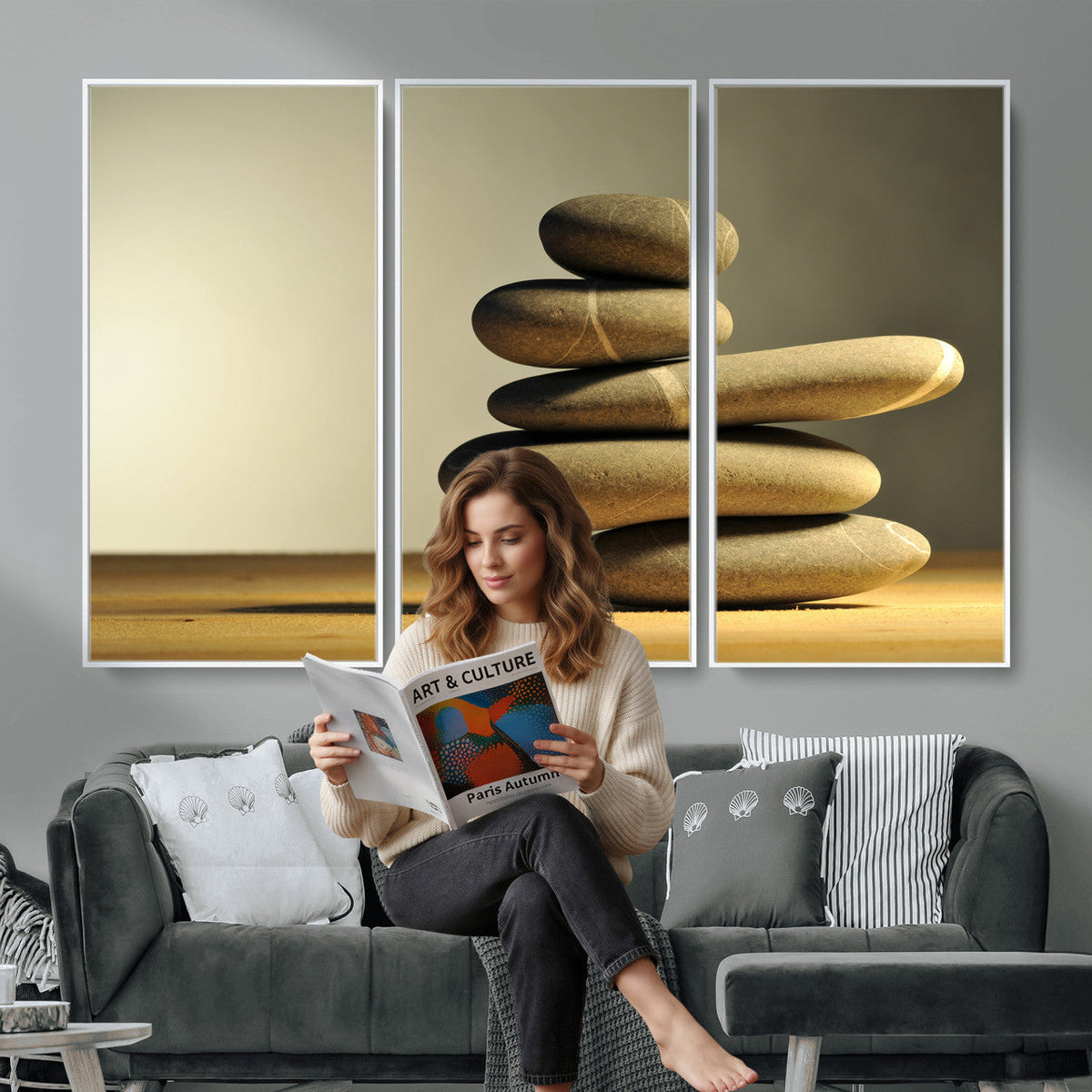 Zen Stone Wall Art Canvas Print, Balanced Rock Stack Framed