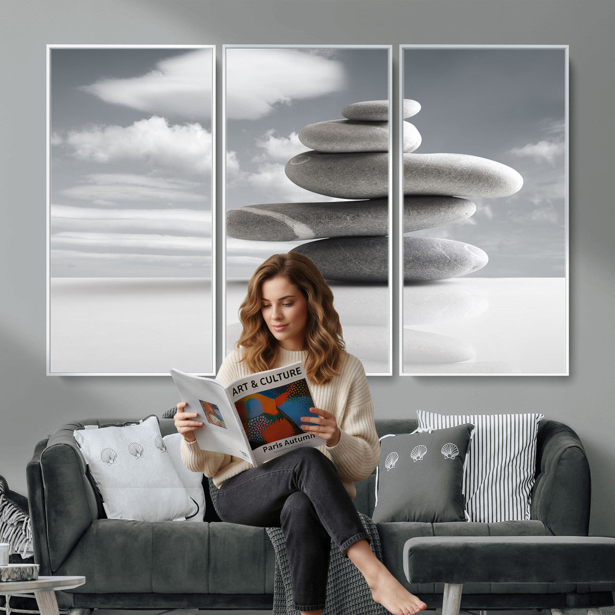 Zen Stone Wall Art Canvas Print, Balanced Rock Stack Framed