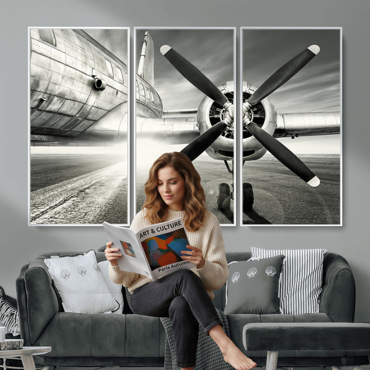 Vintage Airplane Wall Art Canvas Print, Black and White