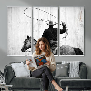 Cowboy Lasso Canvas Wall Art, Black White Western Horse