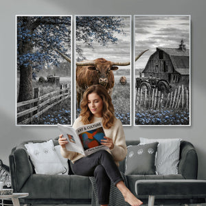 Texas Longhorn Canvas Wall Art, Rustic Farm Barn Bluebonnet