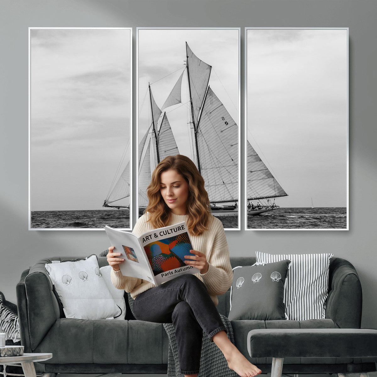 Vintage Sailboat Wall Art Canvas Print, Black and White