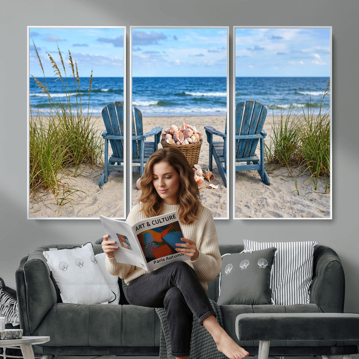 Large Beach Canvas Wall Art Coastal Adirondack Chairs Ocean
