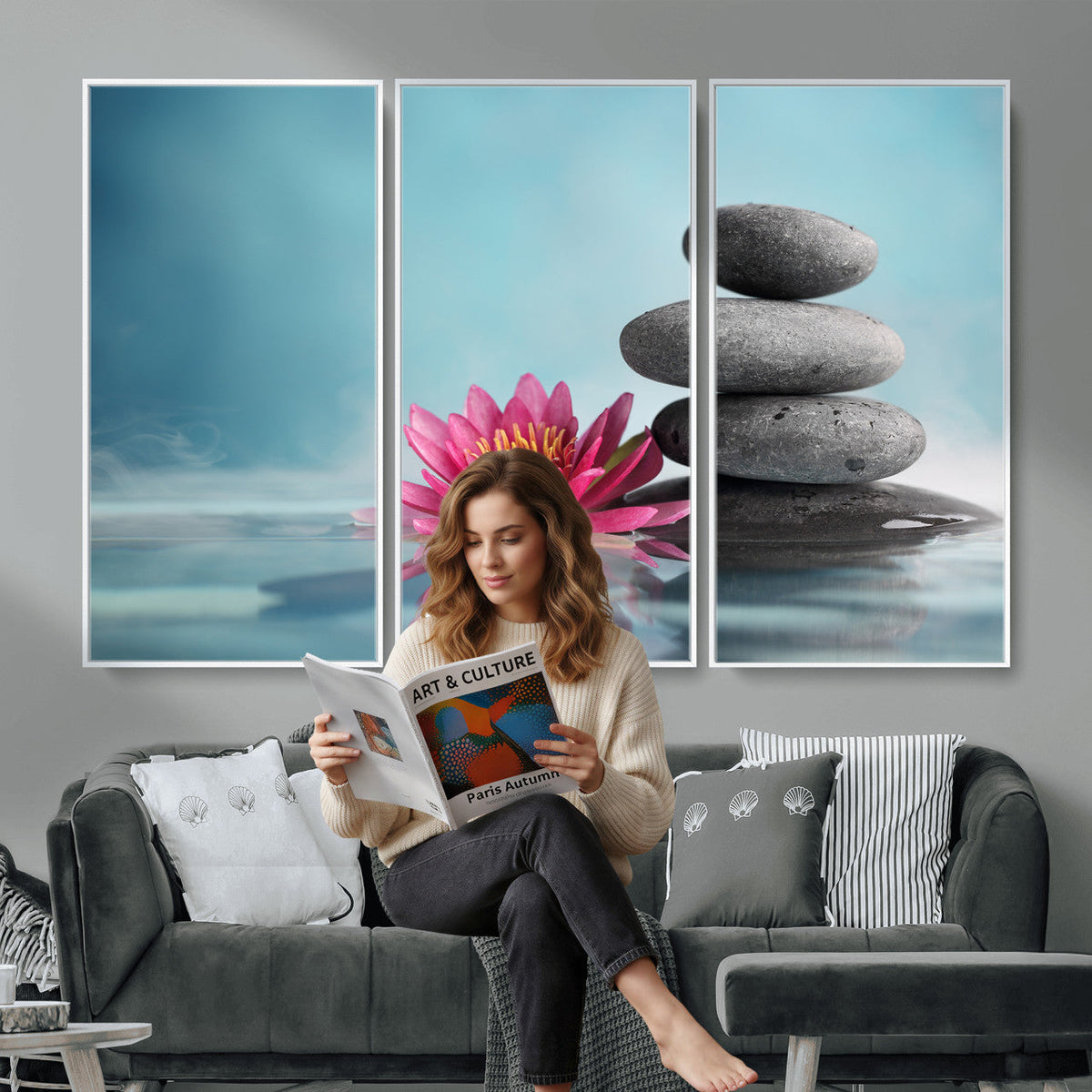 Zen Canvas Wall Art Lotus Flower Stacked Stones Teal Spa