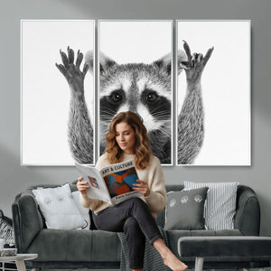 Funny Raccoon Canvas Wall Art, Black White Hands Up Animal Photo Print, Humorous Wildlife Decor, Kids Room Nursery Art, Quirky Animal Gift