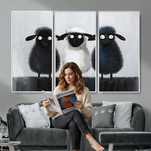 Funny Sheep Canvas Wall Art, Three Quirky Sheep Painting Print, Cute Animal Nursery Decor, Black White Navy Farmhouse Art, Kids Room Gift