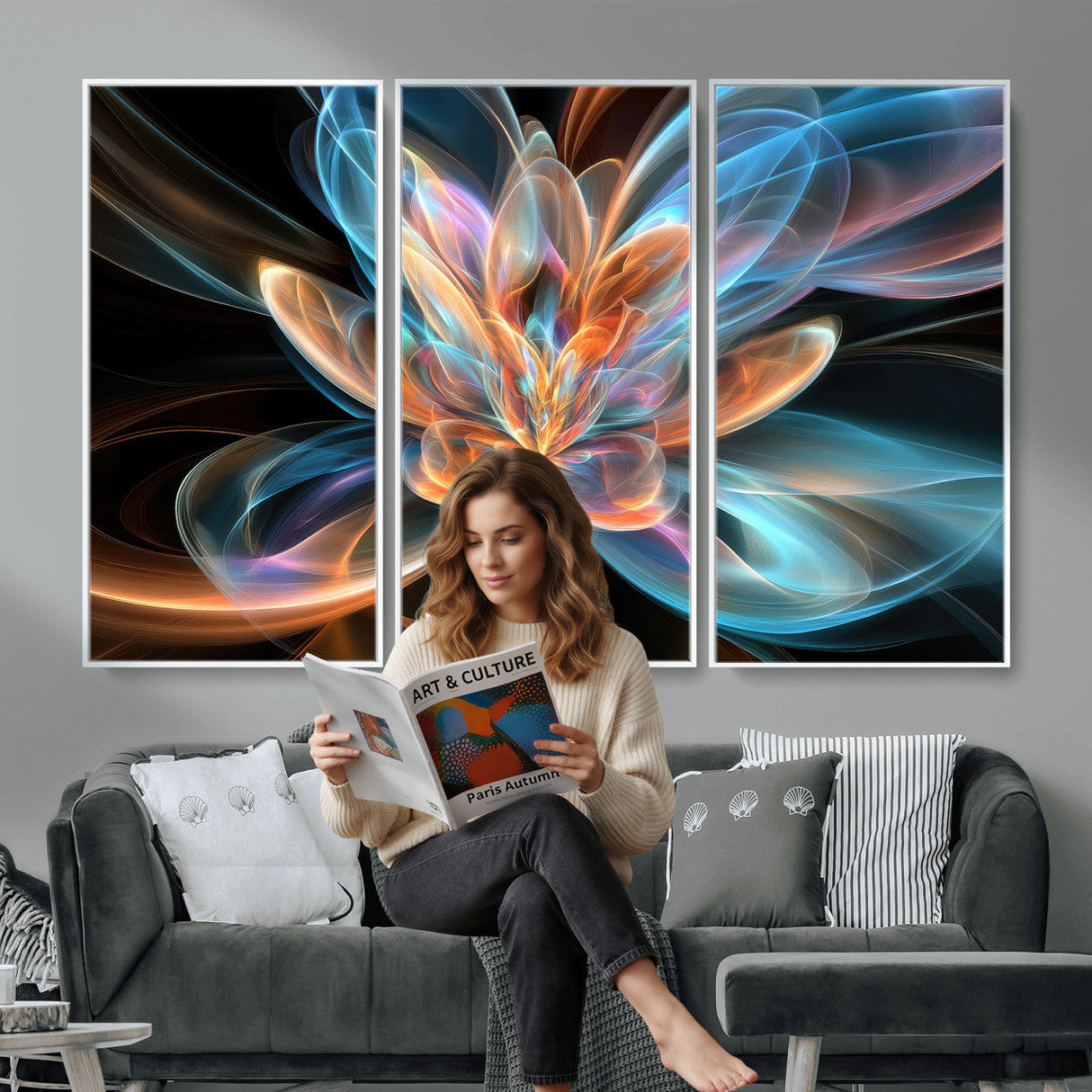 Fractal Lotus Canvas Wall Art, Blue Orange Glowing Flower Abstract Print, Modern Zen Meditation Room Decor, Ethereal Digital Art, Living Room