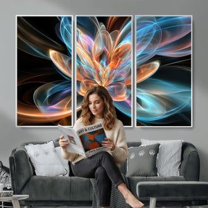 Fractal Lotus Canvas Wall Art, Blue Orange Glowing Flower Abstract Print, Modern Zen Meditation Room Decor, Ethereal Digital Art, Living Room