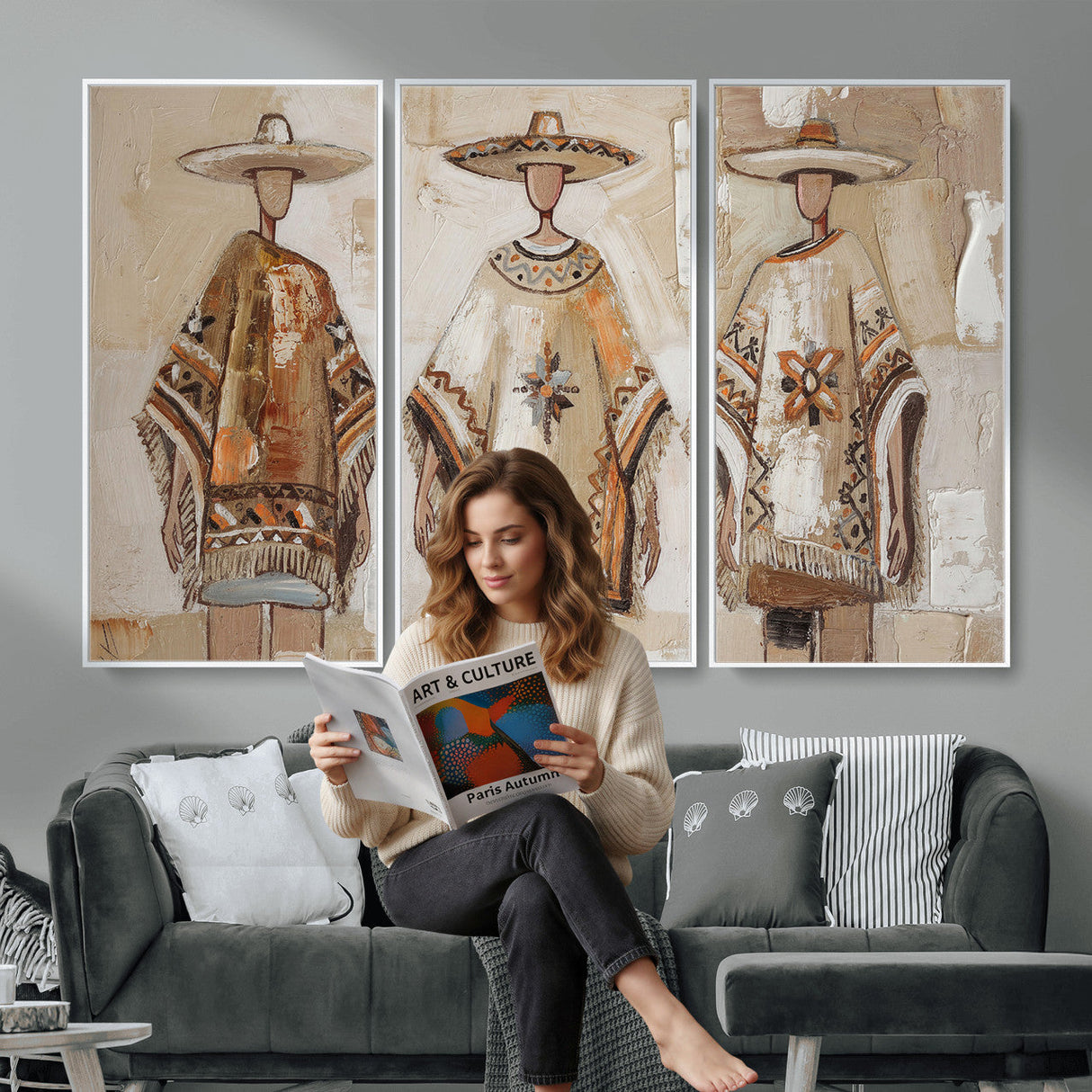 Mexican Folk Art Canvas Wall Art, Charro Poncho Sombrero Painting Print, Neutral Beige Boho Decor, Southwestern Impasto Style, Living Room Art
