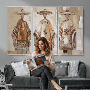 Mexican Folk Art Canvas Wall Art, Charro Poncho Sombrero Painting Print, Neutral Beige Boho Decor, Southwestern Impasto Style, Living Room Art