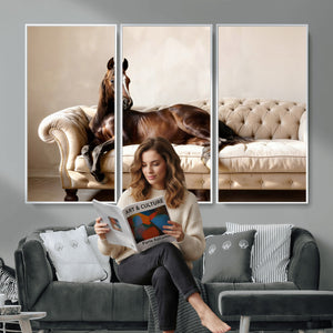 Funny Horse on Sofa Canvas Wall Art, Quirky Horse Lounging Photo Print, Whimsical Animal Decor, Living Room Conversation Art, Horse Lover Gift