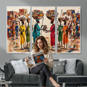 African Folk Art Canvas Wall Art, Colorful African Women Village Painting Print, Tribal Ethnic Home Decor, Vibrant African Art, Living Room