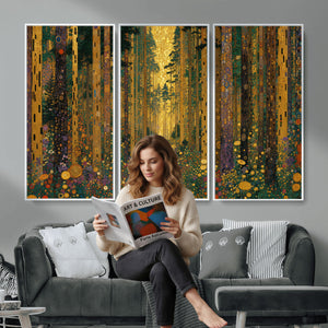 Gustav Klimt Style Forest Canvas Wall Art, Golden Forest Path Floral Art Nouveau Print, Enchanted Woodland Decor