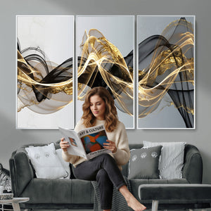 Black and Gold Abstract Wall Art, Modern Wave Canvas Print, Elegant Flowing Smoke Art, Luxury Living Room Decor