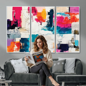 Blue Teal Abstract Canvas Wall Art, Modern Textured Painting Print, Navy Orange White Contemporary Art, Neutral Living Room Decor, Office Art