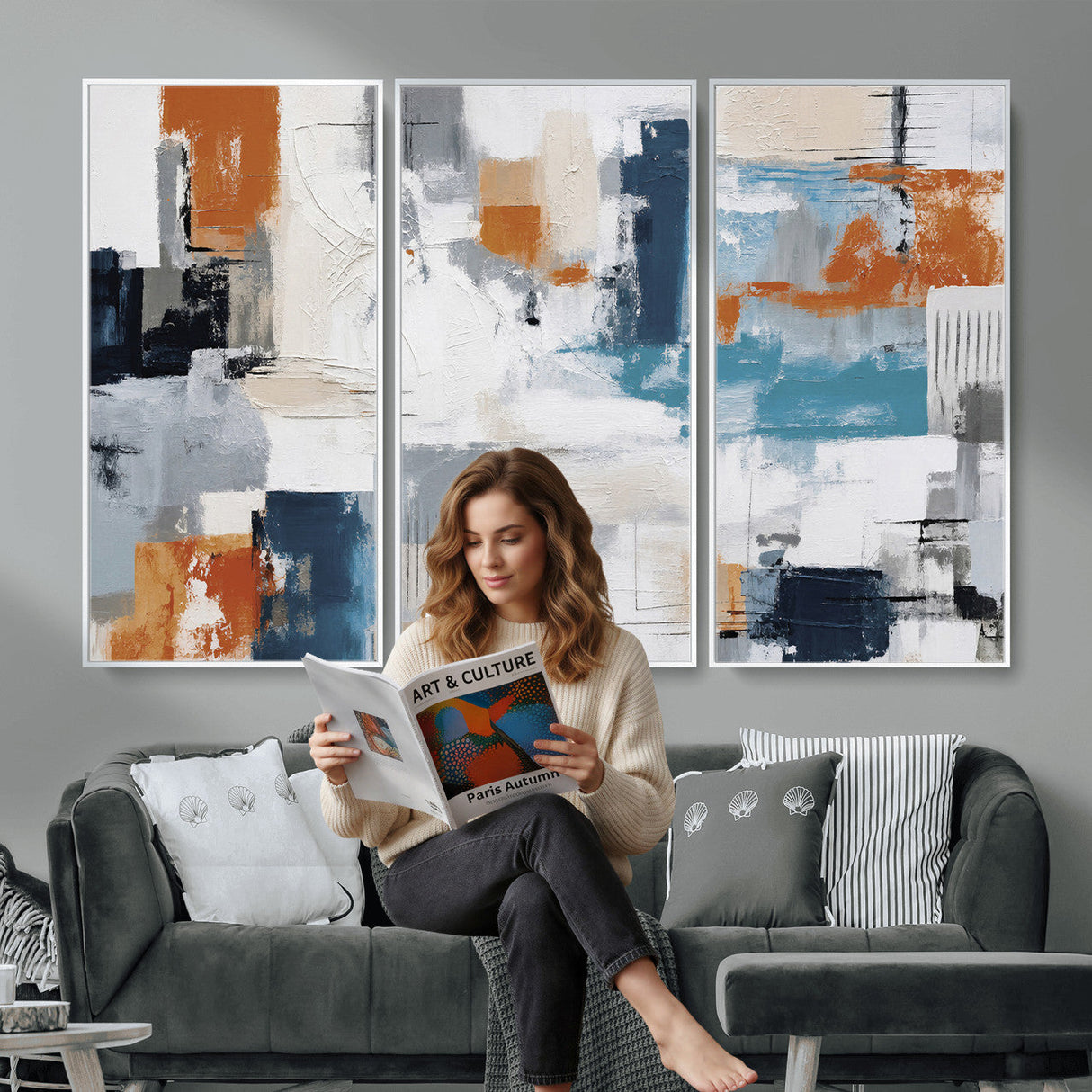 Blue Teal Abstract Canvas Wall Art, Modern Textured Painting Print, Navy Orange White Contemporary Art, Neutral Living Room Decor, Office Art