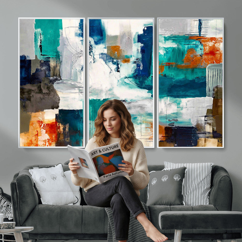 Blue Teal Abstract Canvas Wall Art, Modern Textured Painting Print, Navy Orange White Contemporary Art, Neutral Living Room Decor, Office Art