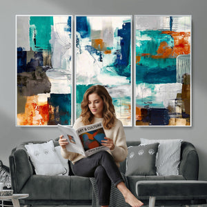 Blue Teal Abstract Canvas Wall Art, Modern Textured Painting Print, Navy Orange White Contemporary Art, Neutral Living Room Decor, Office Art