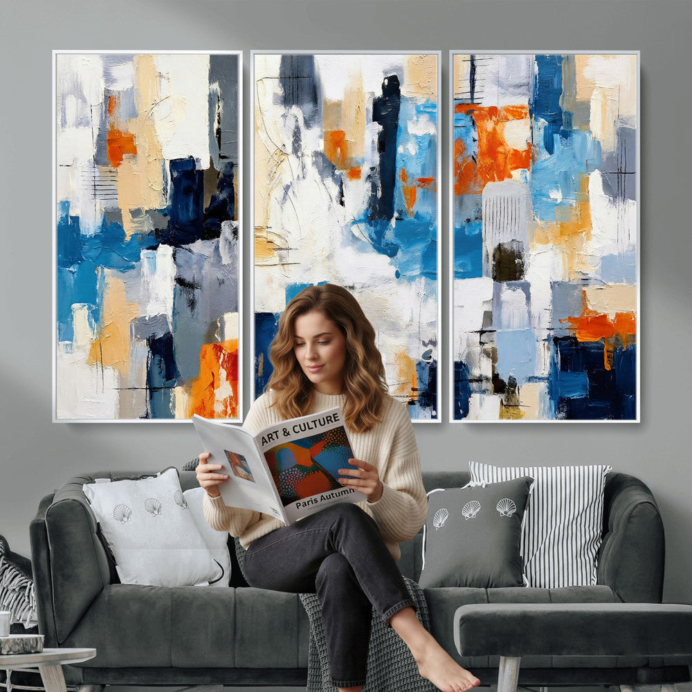 Blue Teal Abstract Canvas Wall Art, Modern Textured Painting Print, Navy Orange White Contemporary Art, Neutral Living Room Decor, Office Art