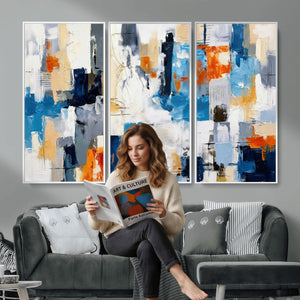 Blue Teal Abstract Canvas Wall Art, Modern Textured Painting Print, Navy Orange White Contemporary Art, Neutral Living Room Decor, Office Art