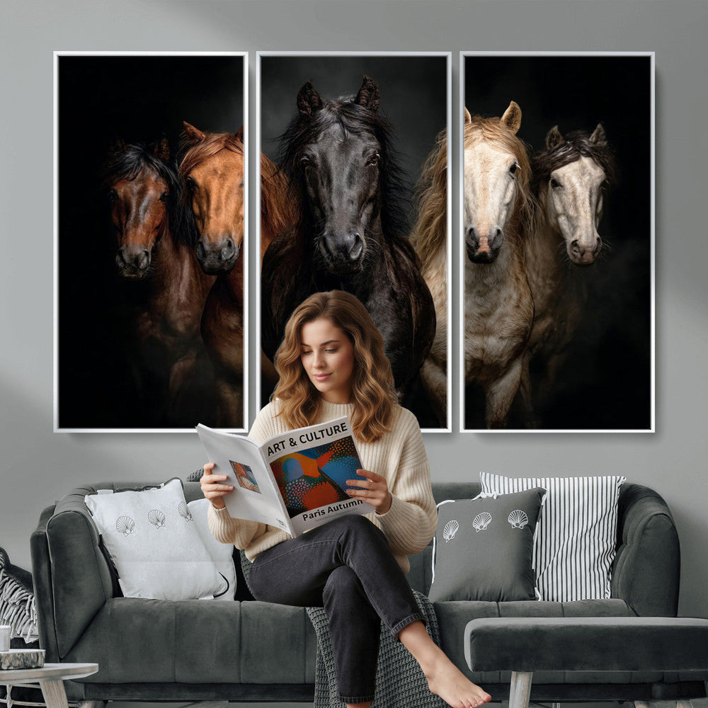 Horse Wall Art Canvas Print, Wild Horses Portrait Photography, Dramatic Equestrian Decor, Black Brown White Horse Herd, Rustic Ranch Art