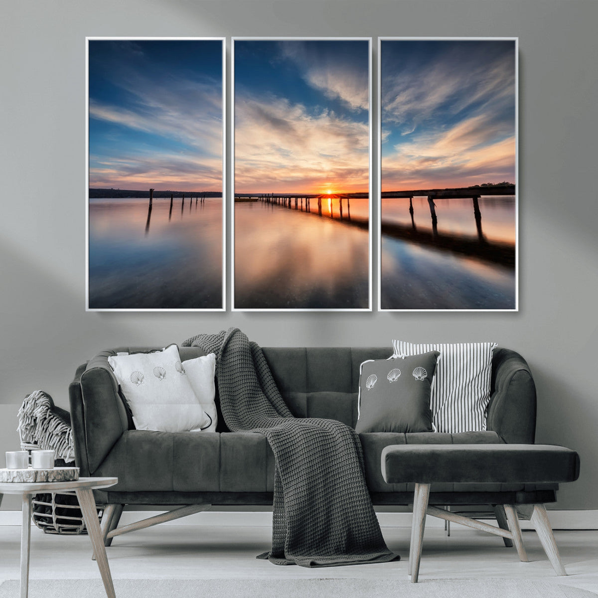 Wooden Pier on Seascape and Sunset Wall Art Canvas Print