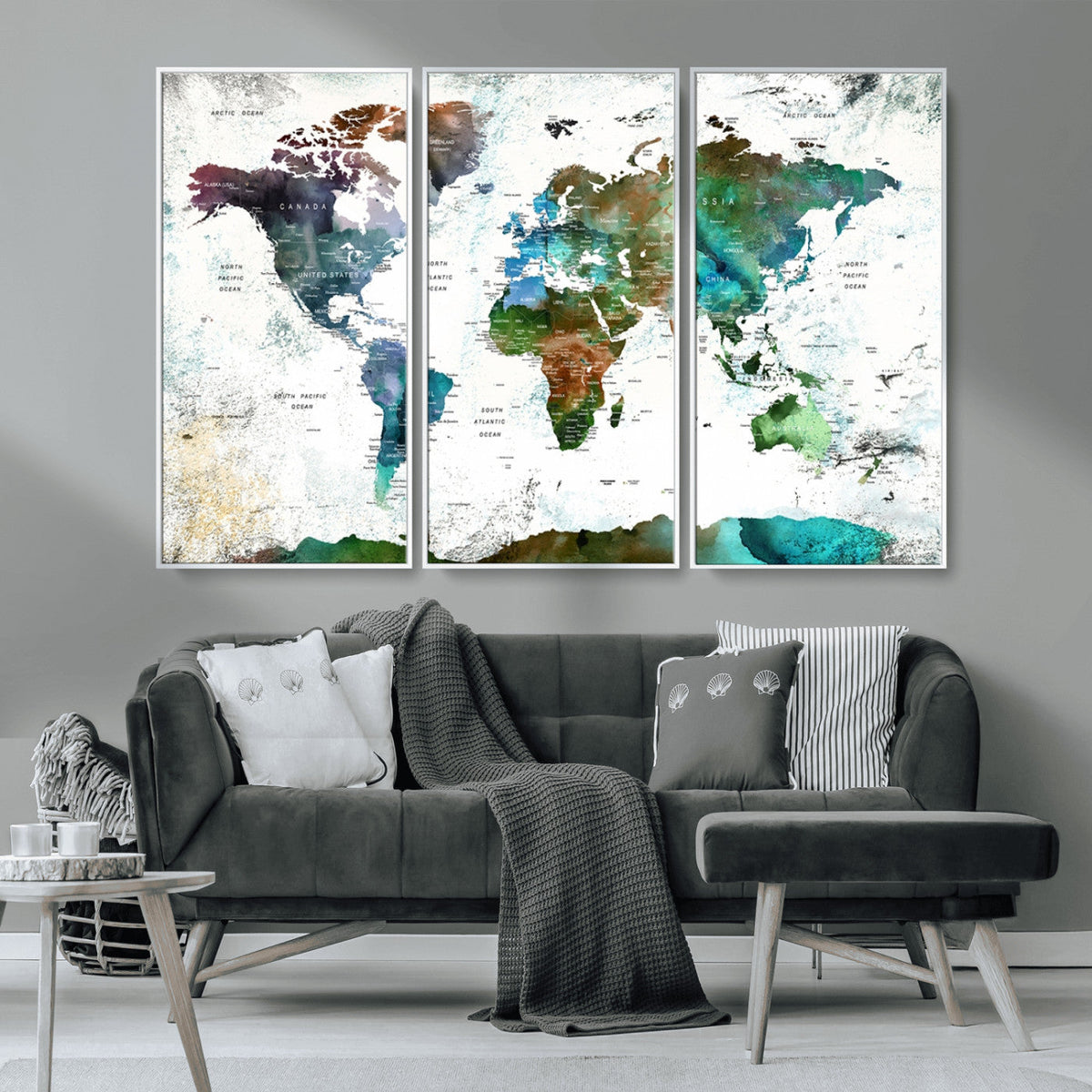 Modern Watercolor World Map Canvas Wall Art – Framed