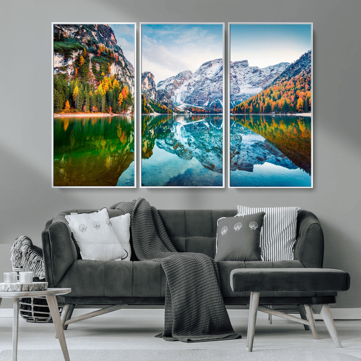 Spectacular autumn view of Braies Lake Wall Art Canvas Print