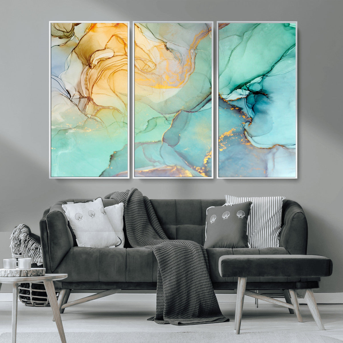 Abstract Aqua and Gold Fluid Wall Art Canvas | 3 Panel Large