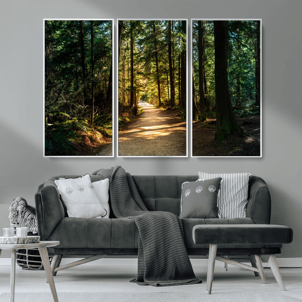 Sunlit Forest Pathway Canvas Print | 3 Panel Large Nature
