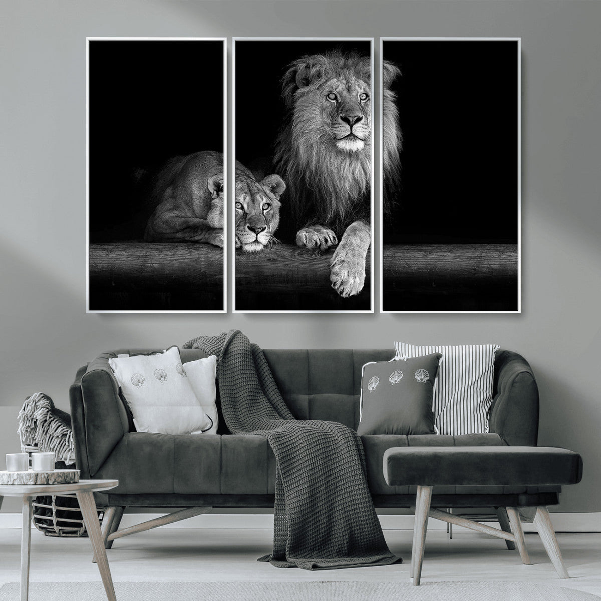 Large Black and White Lion Couple Wall Art Canvas Print –