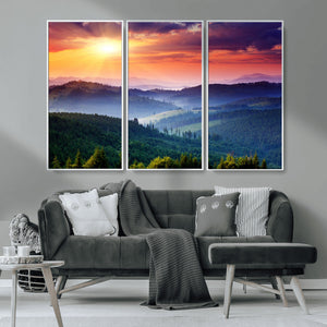 Beautiful Sunset over Hills Forest Landscape Canvas Wall Art