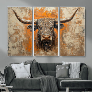 Abstract Cow Longhorn Bull Wall Art Canvas Print - Rustic