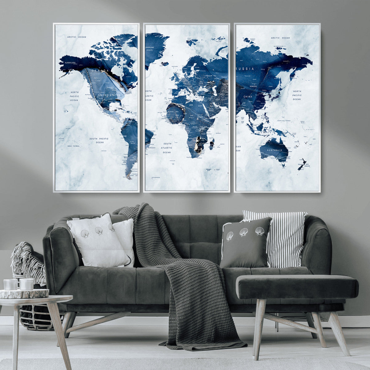 Modern Blue World Map Canvas Print – Framed Wall Art,