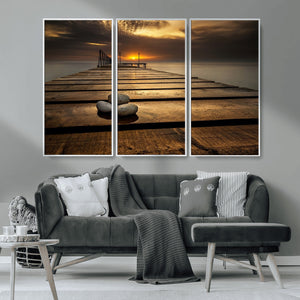 Stones on Wooden Pier at Sunset Canvas Print, Serene Coastal