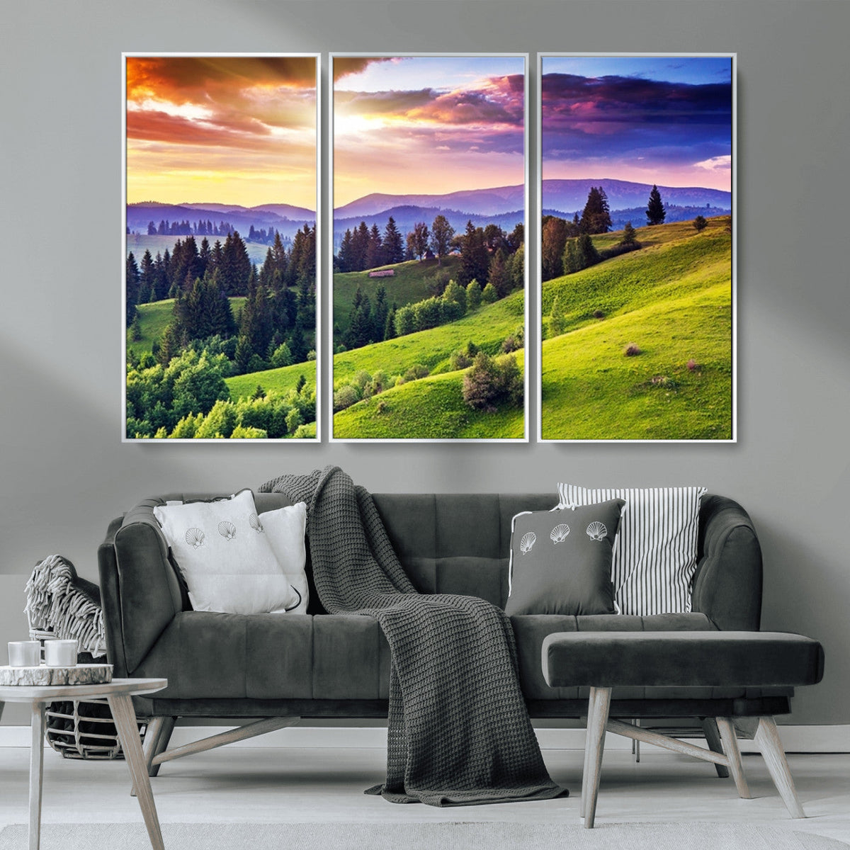 Green Hills and Sunset Wall Art Print - Scenic Landscape