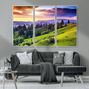 Green Hills and Sunset Wall Art Print - Scenic Landscape