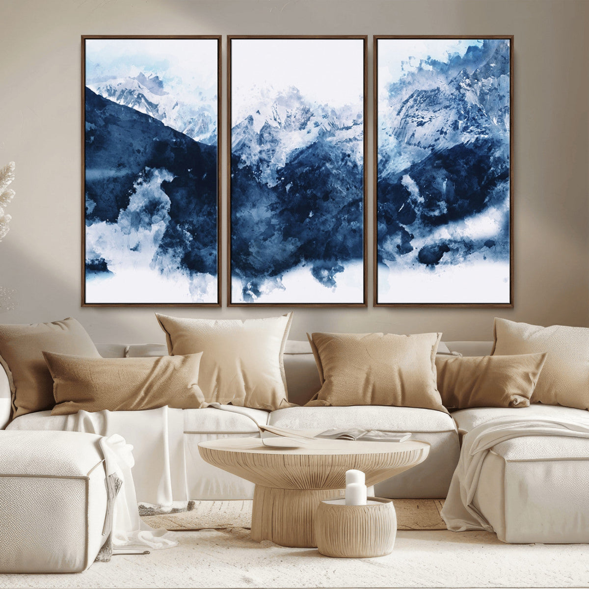 Abstract Blue Mountain Canvas Wall Art – Modern Triptych