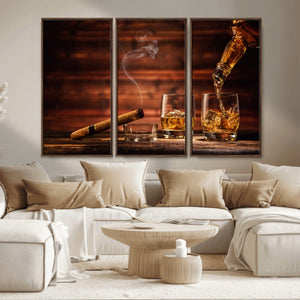 Whiskey and Cigar Wall Art Canvas | 3 Panel Bar Room Decor