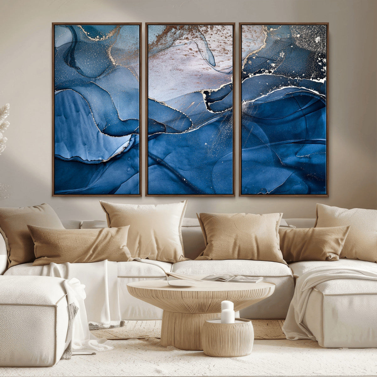 Navy Blue Canvas Art Abstract Print – Elegant Triptych