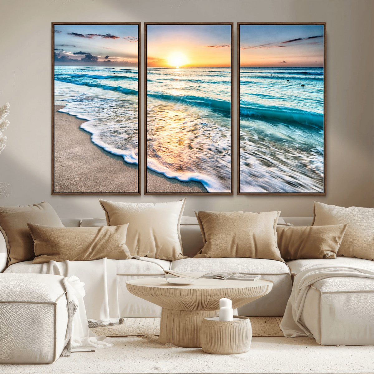Sunset Beach Waves Canvas Wall Art – 5-Panel Ocean Sunset