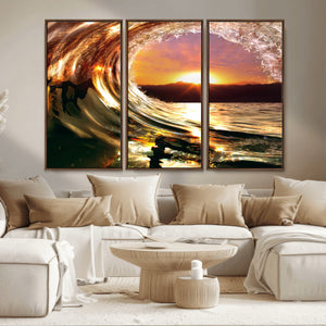 Golden Wave Sunset Triptych Canvas Art, Giclee Canvas Print
