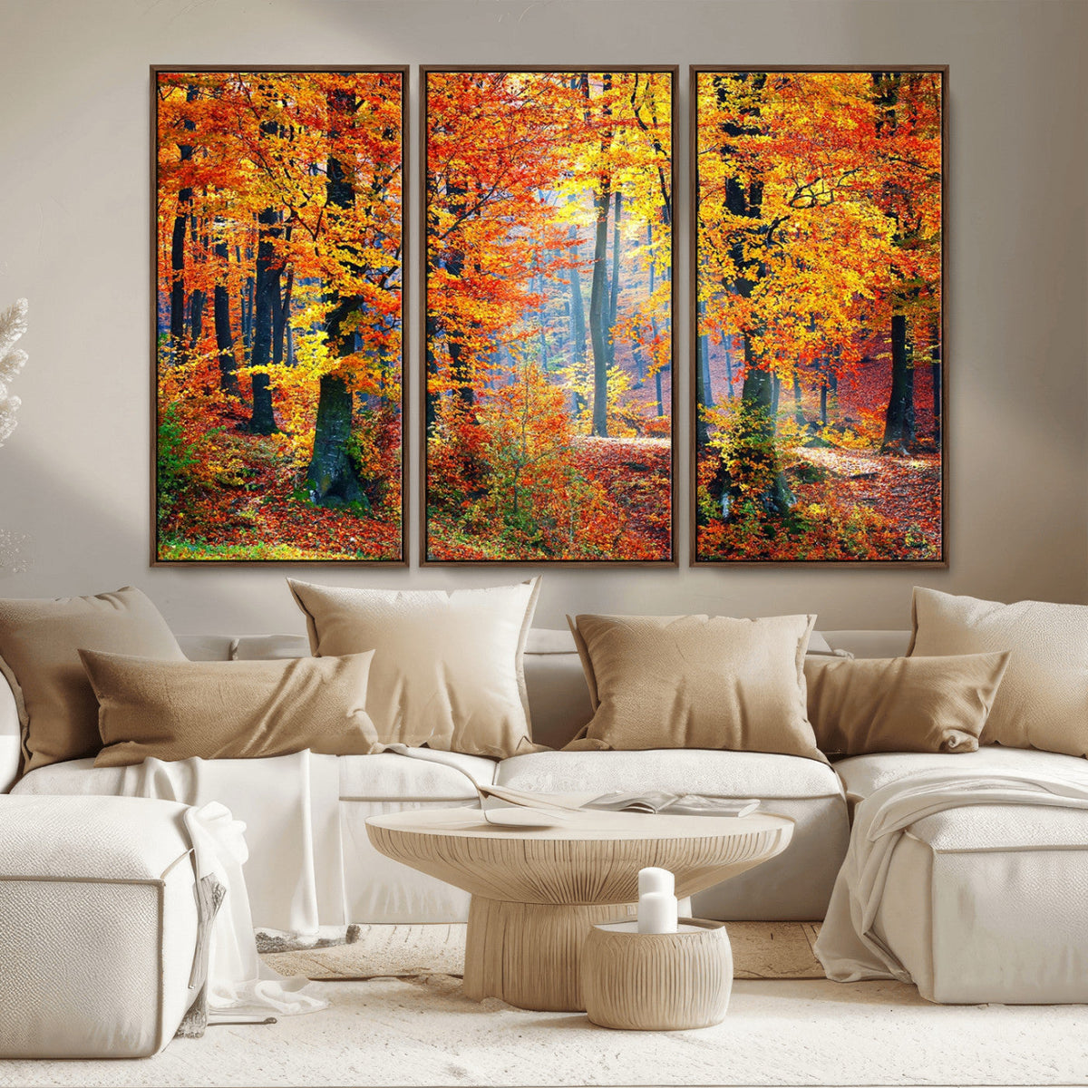 Autumn Red Forest Triptych Canvas Wall Art Print, Forest