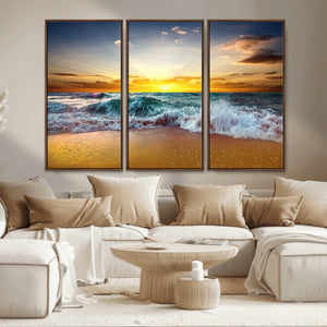 Golden Sunset Ocean Waves Wall Art Canvas Print – Multi