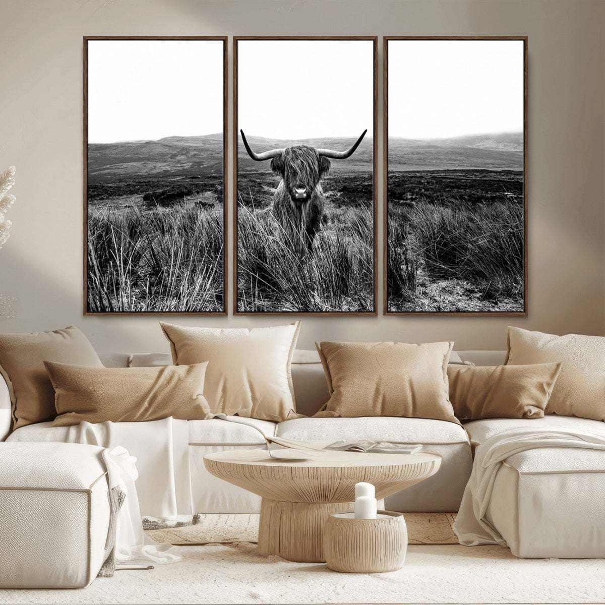 Black and White Highland Cow Canvas Wall Art, Longhorn